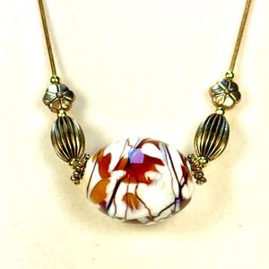 Women NWT Handcrafted Necklace Oblong Glass Bead Orange/Brown Gold Accent Beads